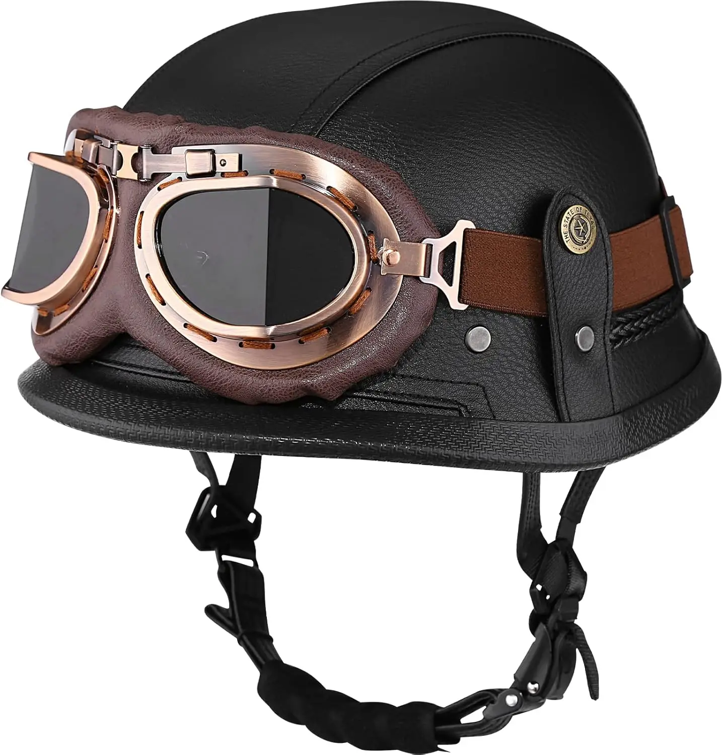 Motorcycle Half Helmet Retro German Handmade Leather Half Face Quick Release Buckle & Goggles - DOT Approved