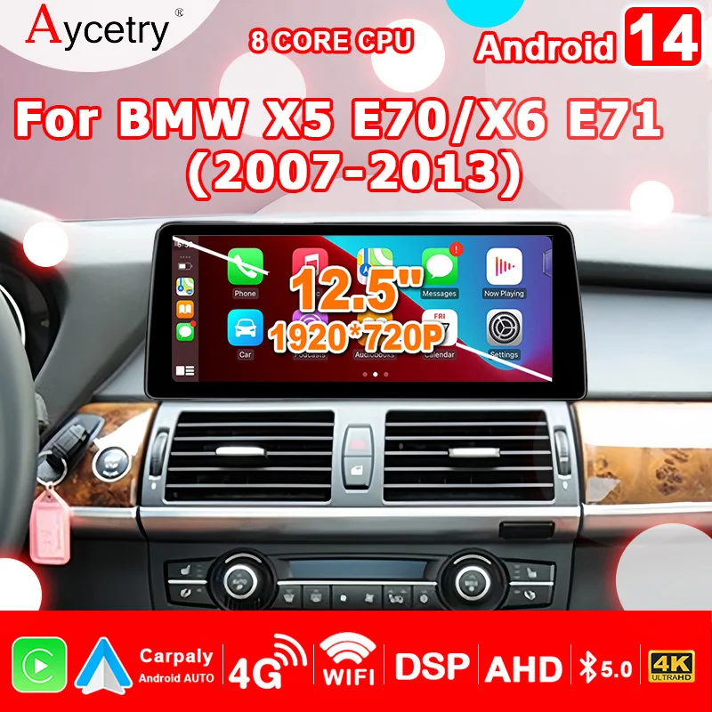 12.5'' Screen Wireless Carplay Android 14 Auto Car Radio FOR BMW X5/X6 E70 E71 2007-2013 Bluetooth 2DIN Stereo Multimedia Player
