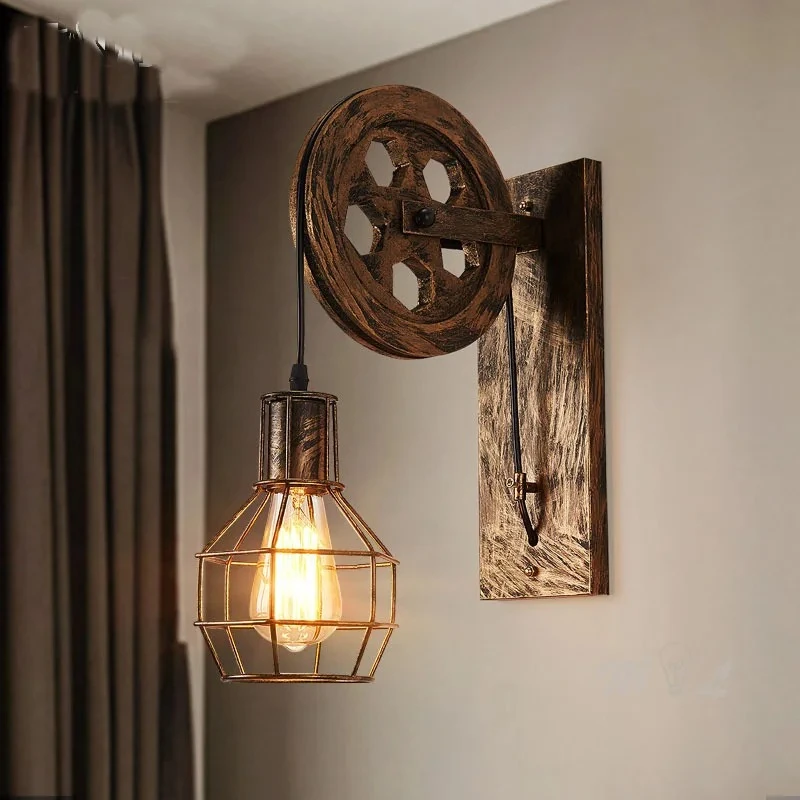 

Vintage Wall Lamps Led Wall Sconces Retro Wall Light Fixtures Lifting Pulley Bedroom Lamp Industrial Wind Mirror Light
