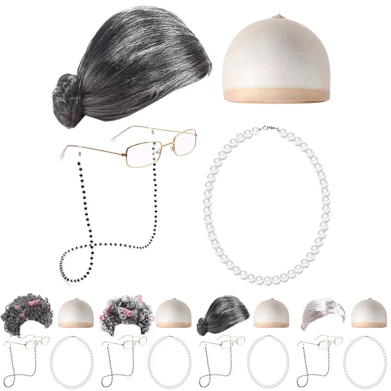 Disfraz de dama vieja para mujer, Niña y adulto, vestido de día escolar, peluca gris de abuela, gafas de abuela, accesorio de Cosplay de Halloween, 100