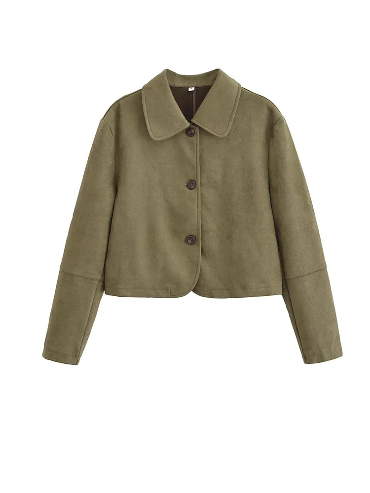 

Army Green Suede Short Coat Women Single Breasted Jacket