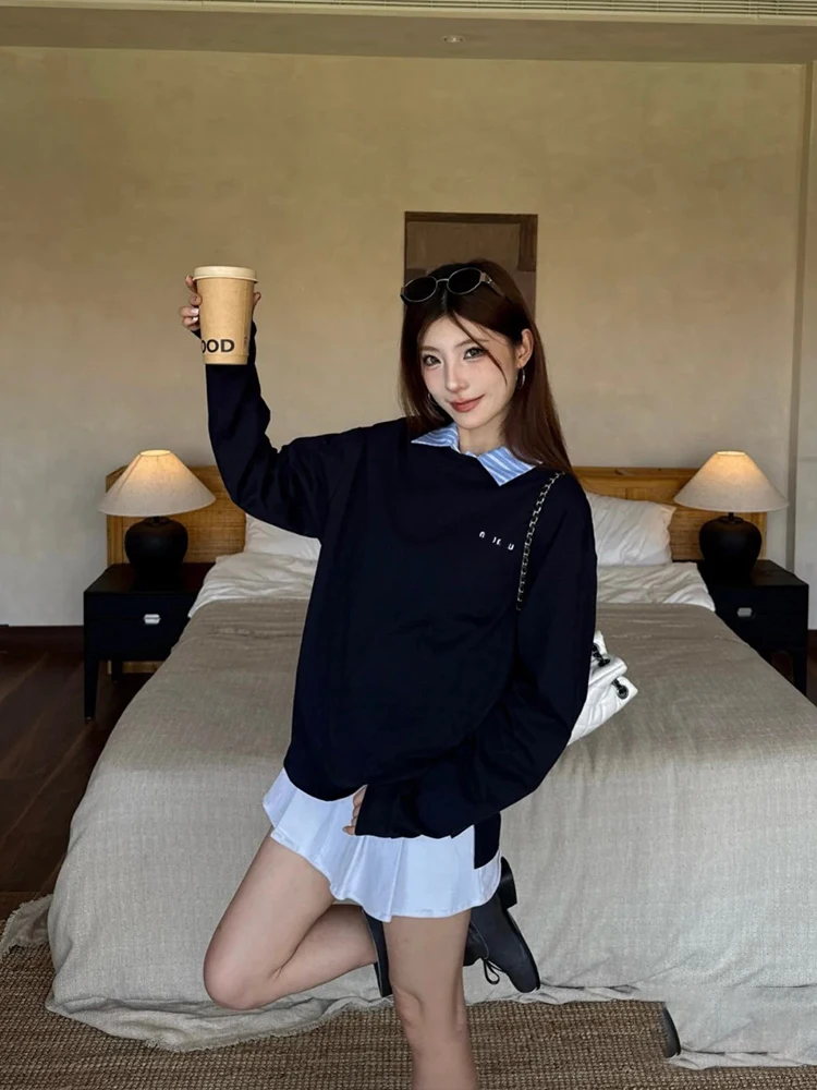 

Miu Sle Letter Print Long Sve round Ne T-irt Women's Loose Fit Base Layer Top Casual Cotton Tee for Daily Wear