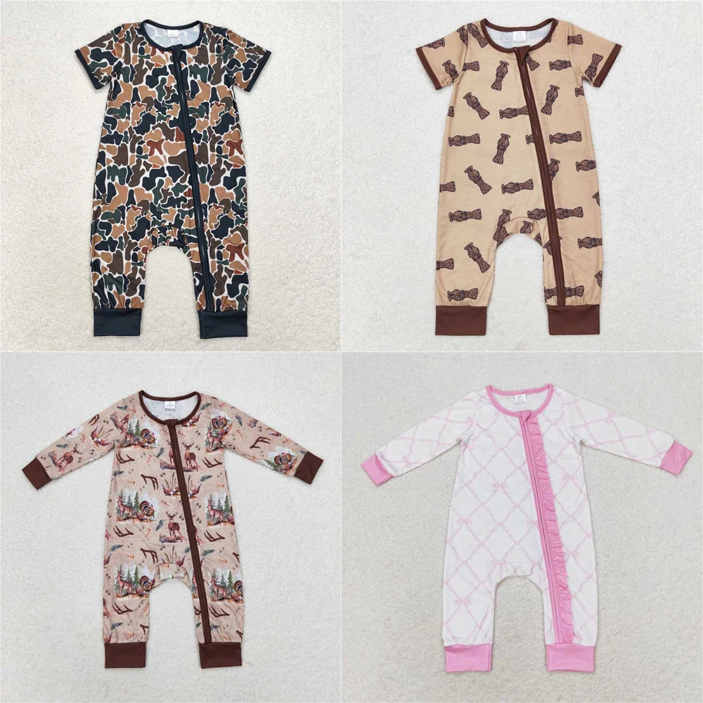 Wholesale hot sale western boutique newborn toddler Baby Infant Bamboo green camouflage beige zip-up short-sleeved onesies