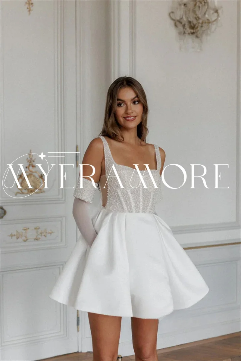 Simples cetim curto vestidos de casamento 2025 cintas de espaguete pérolas uma linha luvas longas vestidos de noiva personalizado vestidos de novia