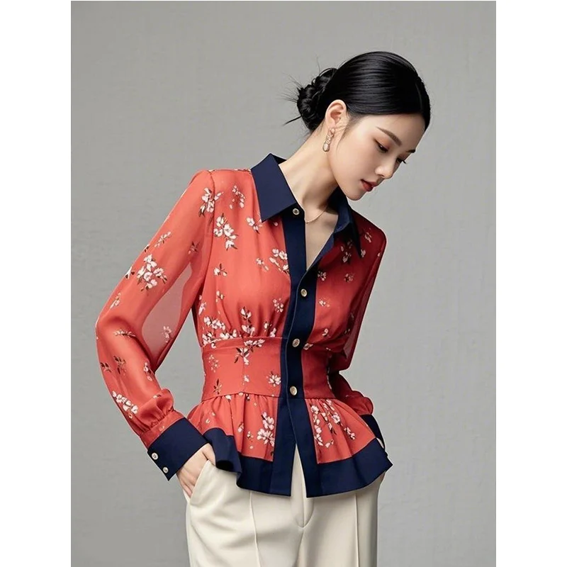 2025 ฤดูใบไม้ผลิฤดูใบไม้ร่วงใหม่สุภาพสตรีเสื้อผู้หญิงเสื้อผ้าแฟชั่นดอกไม้ Patchwork Turn-Down COLLAR Corset ผู้หญิงเสื้อ