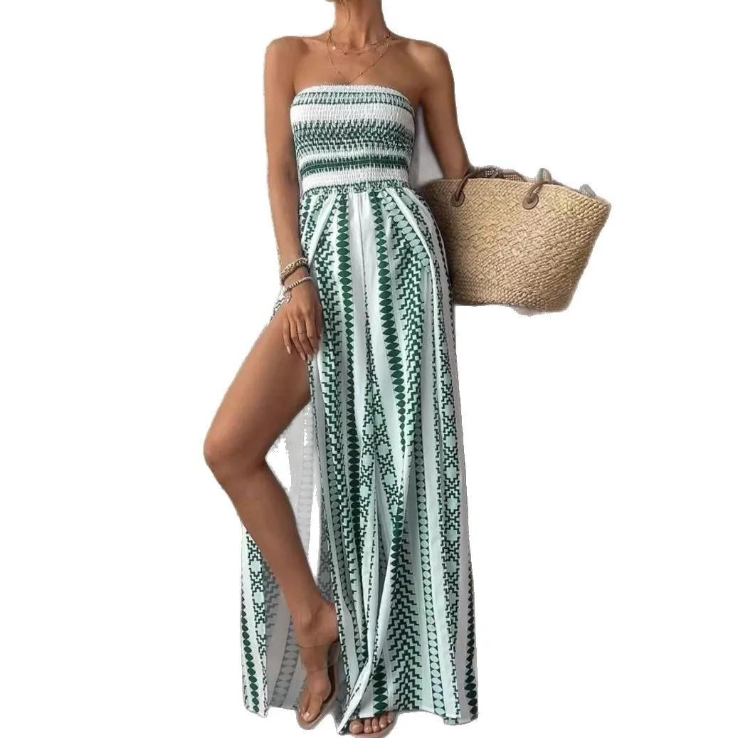 Women's Jumpsuit Printed Loose Fit Jumpsuits Sleeveless Elastic Waist Romper Strapless High Slit Long Romper Maxi Length
