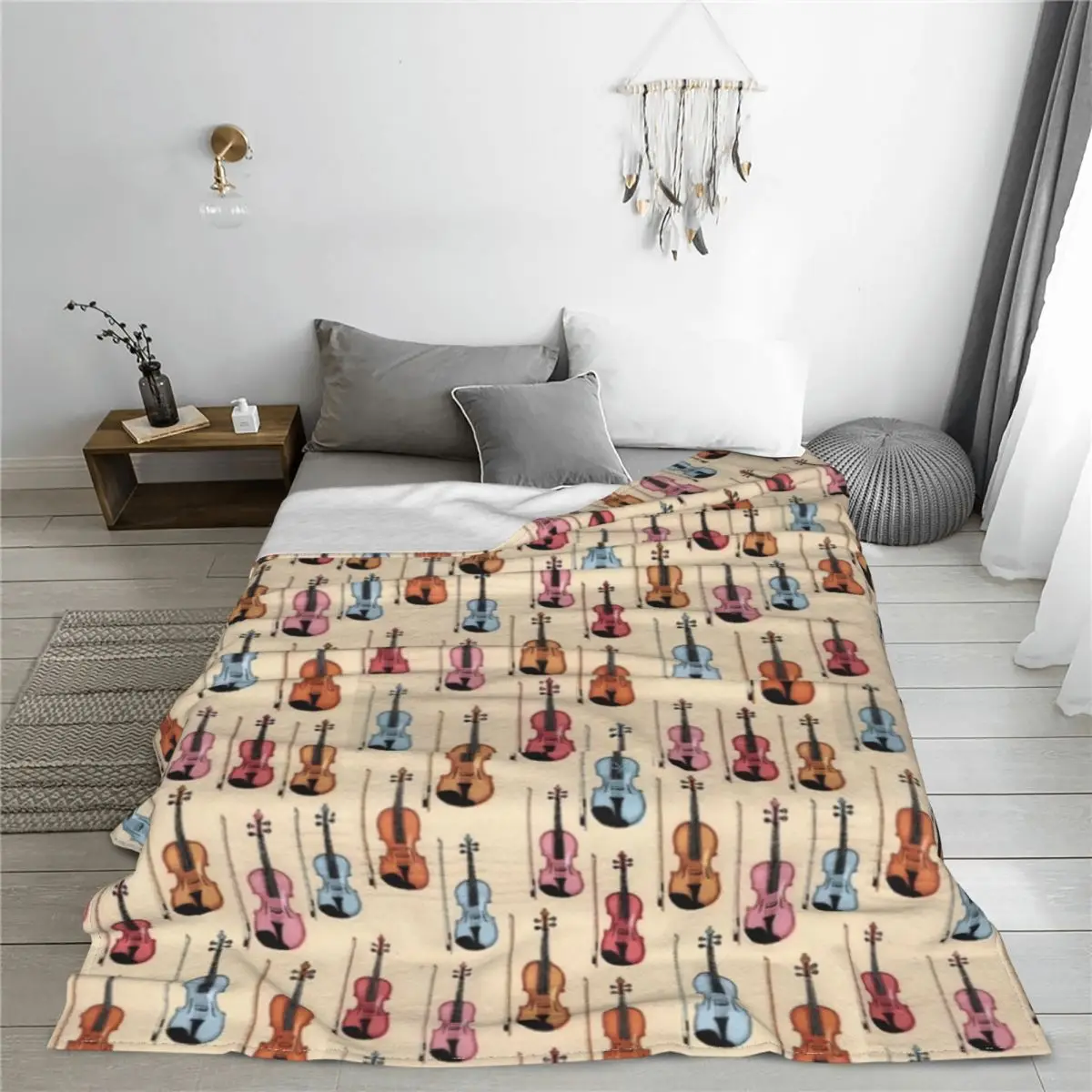 Violin Colorful Vintage Sky Blanket Cover Flannel Music Note Super Warm Throw Blankets for Outdoor Travel Bed Rug