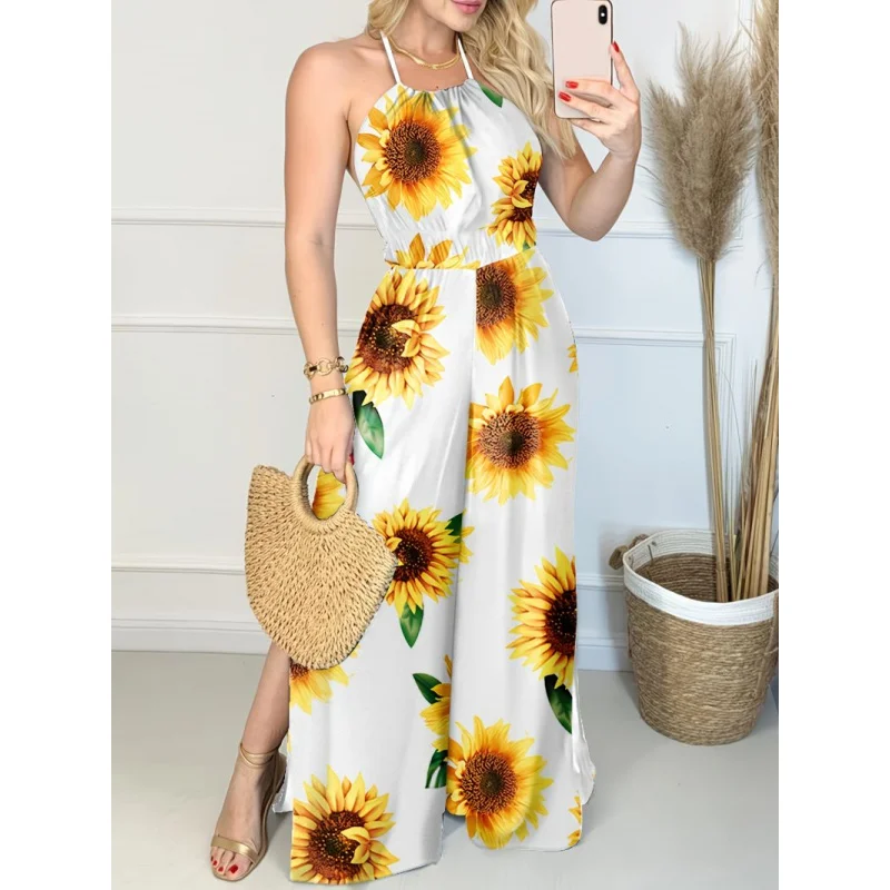 

New Hot-Selling Women's Bohemian Print Sunflower Dress VCollared Sleeveless Pocket Summer Jumpsuit
