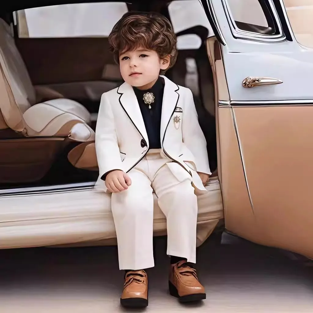 Boys Spring White Wedding Party Dress Children Performance Festival Suit Kids Formal Photograph Ceremony Tuxedo Dress