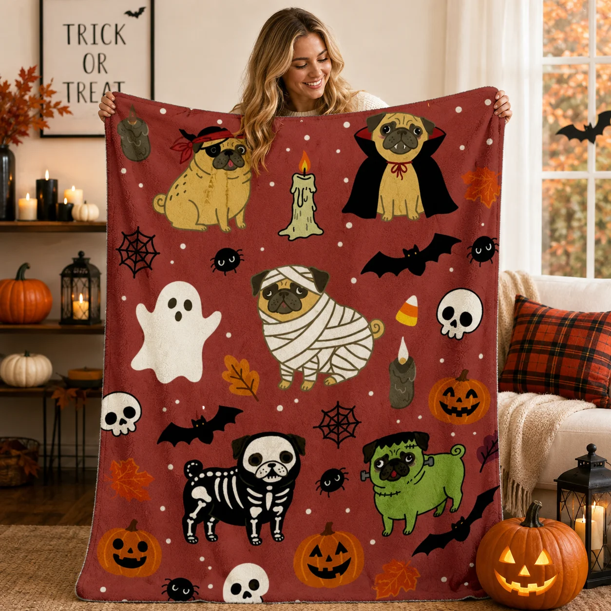 Halloween-Themed Pug Pattern Blanket |   Perfect for Home Decoration, Sofa Layering, Bed Cover, and Halloween Parties, Adding Festive Atmosphere to Your Space with Cute Pugs in Pirate, Vampire, Mummy Designs, Polyester Flannel, Machine Washable