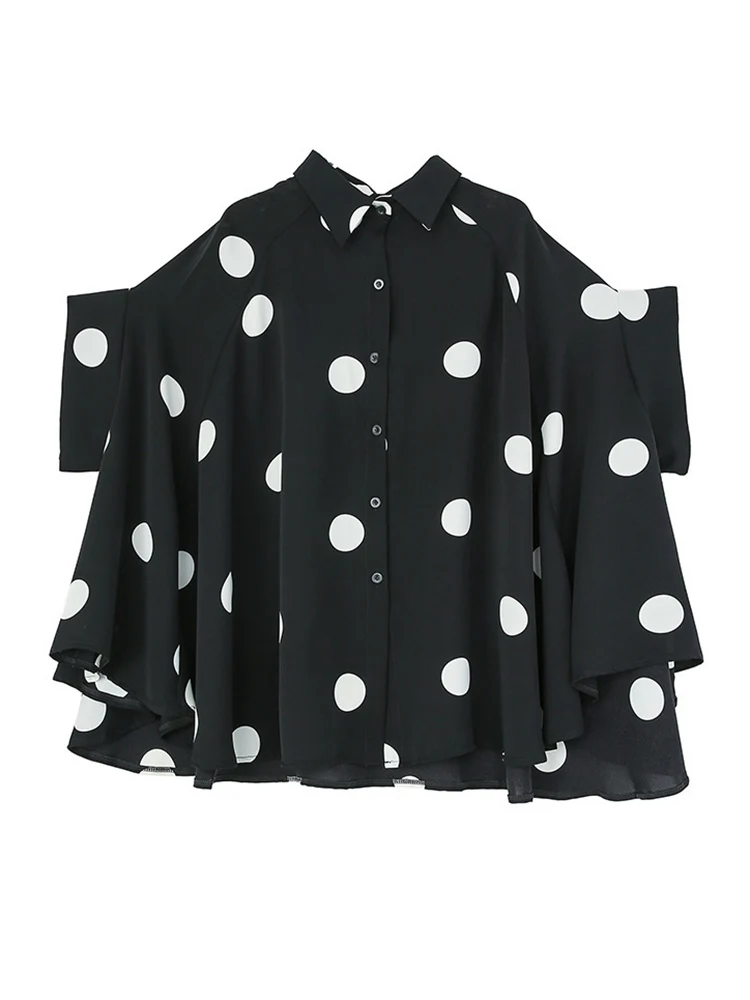 Blusa con estampado de lunares para mujer, camisa informal holgada de manga corta con solapa de gasa, color negro, Estilo Vintage, 2024