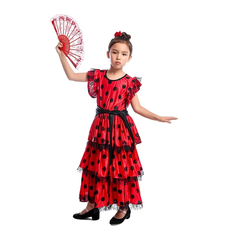 Spanish Flamenco Polka Dot Dress for Girl Halloween Cosplay Costume Dancer Stage Performance Wear Party Show Ballroom Suit