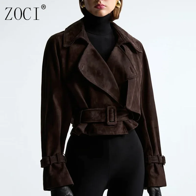 

ZOCI винтажные женские куртки с отложным воротником и поясом, облегающее винтажное модное модное уличное шикарное короткое пальто, зима 2023 г.