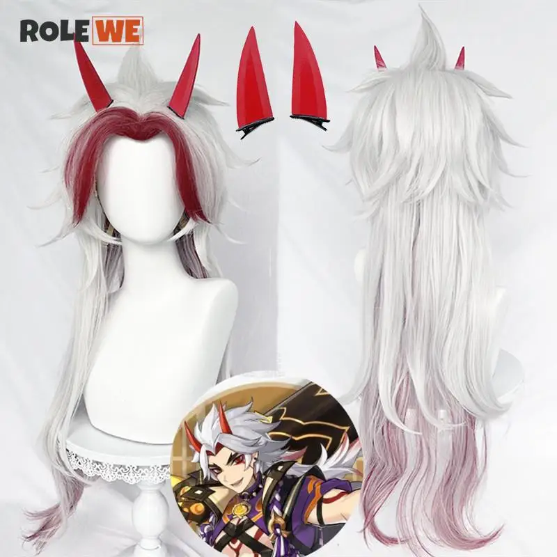 Genshin Impact Arataki Itto Cosplay Wig 80cm Silver Red Wig Cosplay Anime Cosplay Wig Heat Resistant Synthetic Wigs +wig cap