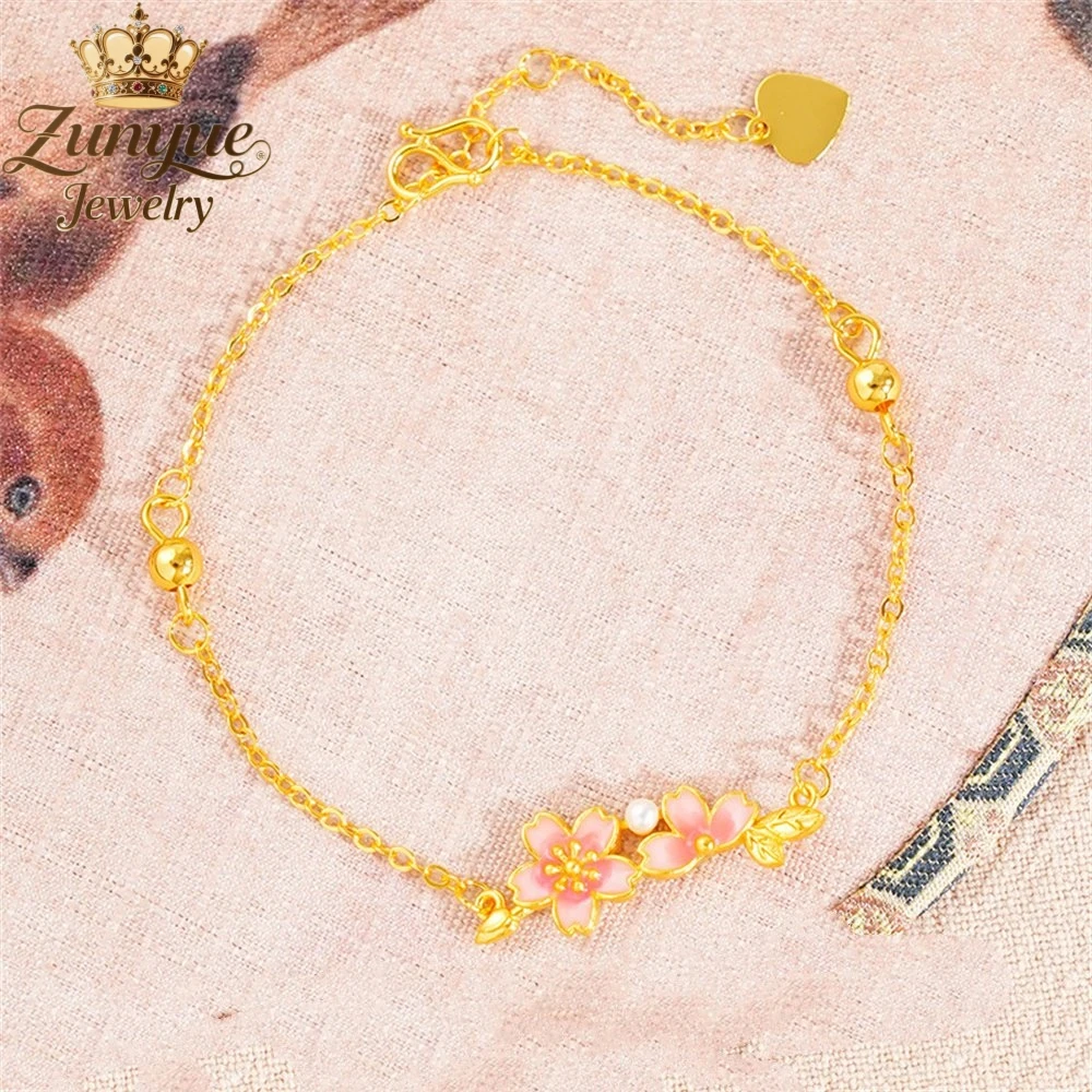 

High-End Sand Gold Pearl Cherry Blossom Enamel Bracelet Luxury Quality Jewelry Fashion Jewelry Exquisite Elegant Charms Popular