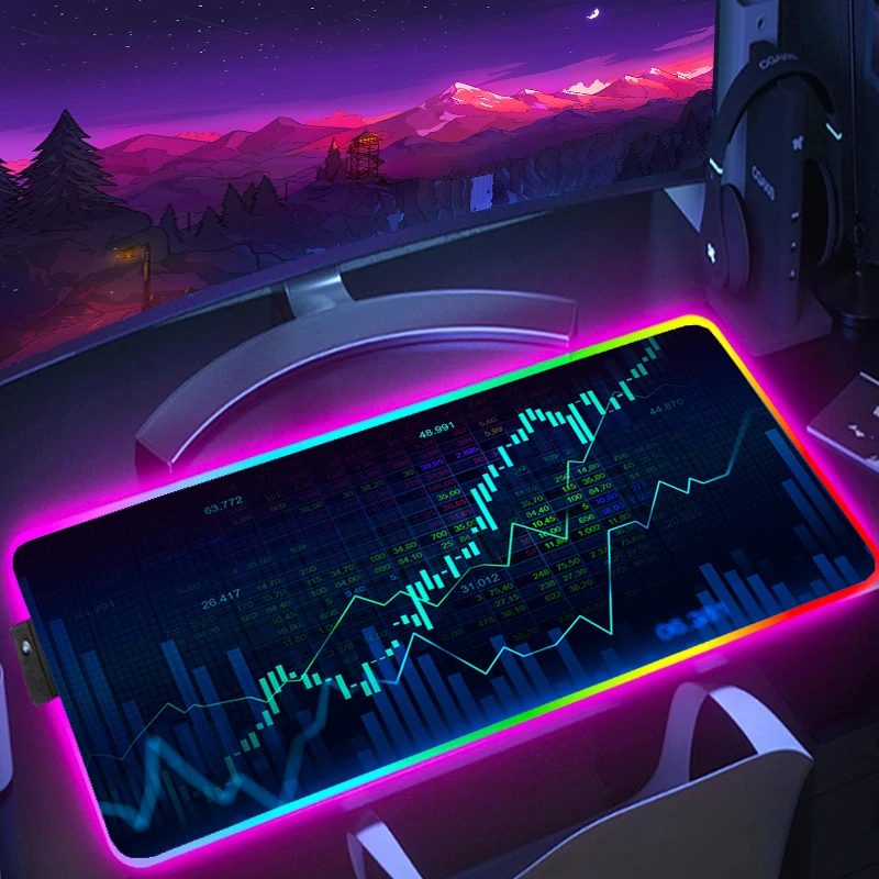 RGB Mouse Pad Stock Market Candle Chart Gaming Mouse Mat With Backlit LED Mousepad Gamer Rubber Desk Mat HD Print Keyboard Mats