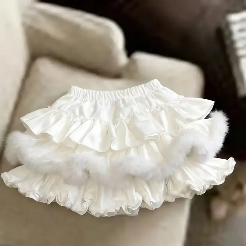 HOUZHOU Women Lolita Feather Trim Tiered Mini Skirt Cuteore Ruffle Layered Elastic Waist Skirts Y2K White Kawaii Short Skirt
