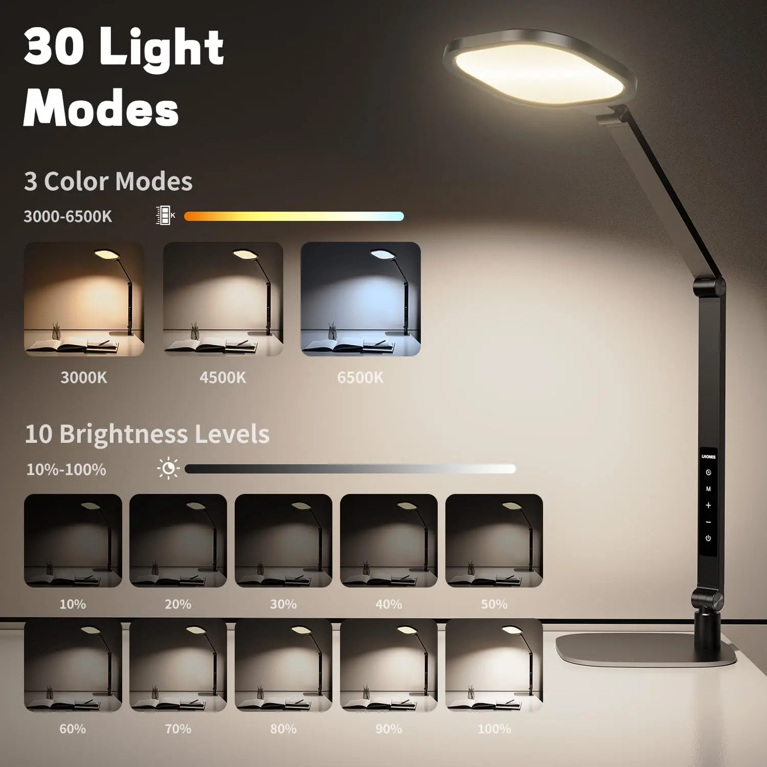 Modern LED Desk Lamp with 3 Color Temperatures, 10 Brightness Levels, Dimmable Memory Timer for Home Office Eye Care
