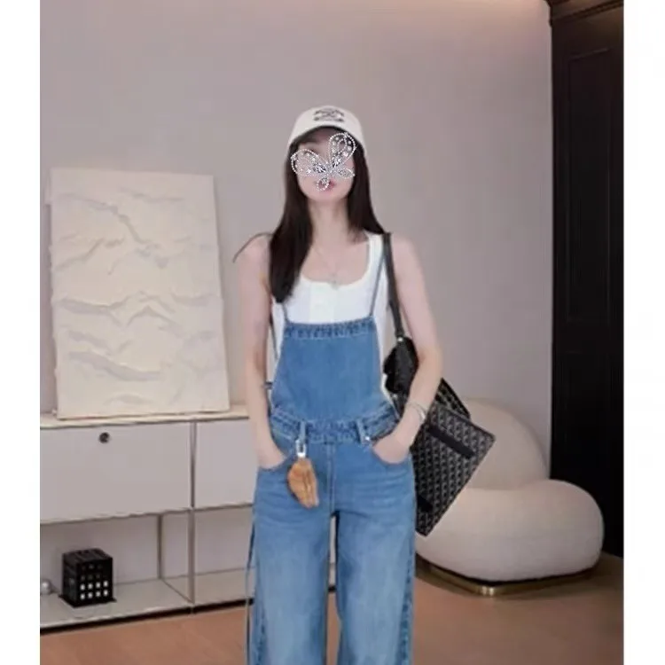 

Washed Denim Overalls Women's Summer Loose Wide Leg Pants Retro Straight Leg Long Trousers High Waist Cotton Blend Garments