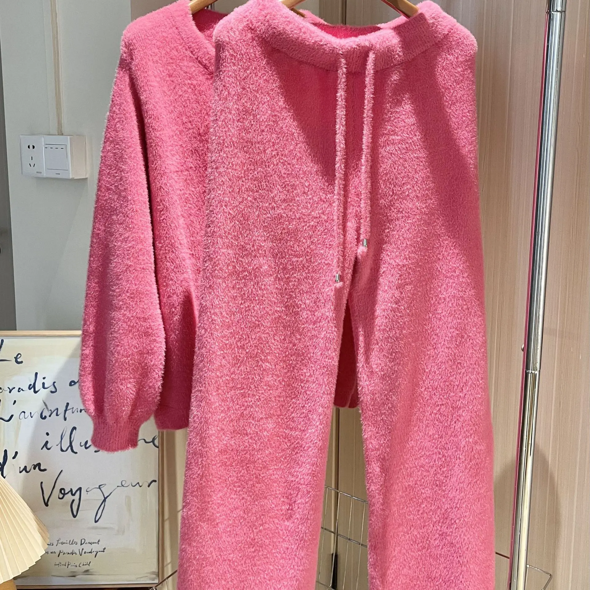 Pink Sweet Half-Fleece Women's Set Autumn/Winter Wearable Homewear Long-Sleeved Round Neck Cardigan Top + Trousers 2-Piece Set