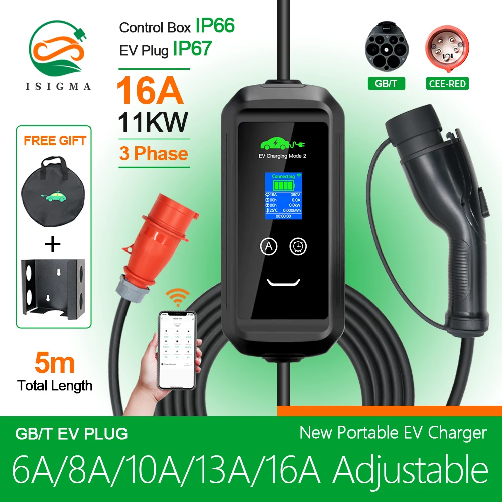 

ISIGMA GBT Cable Portable EV Charger 11KW 16A 3P Car Charger Wi-Fi APP Control EVSE Charging Box CEE Plug for Electric Vehicle