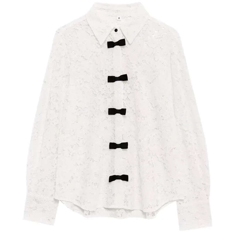 

Spring 2025 New Women's Long Sve Lace Collar irt Knot Decorated Loose Fit Regular Length Other Material 00%