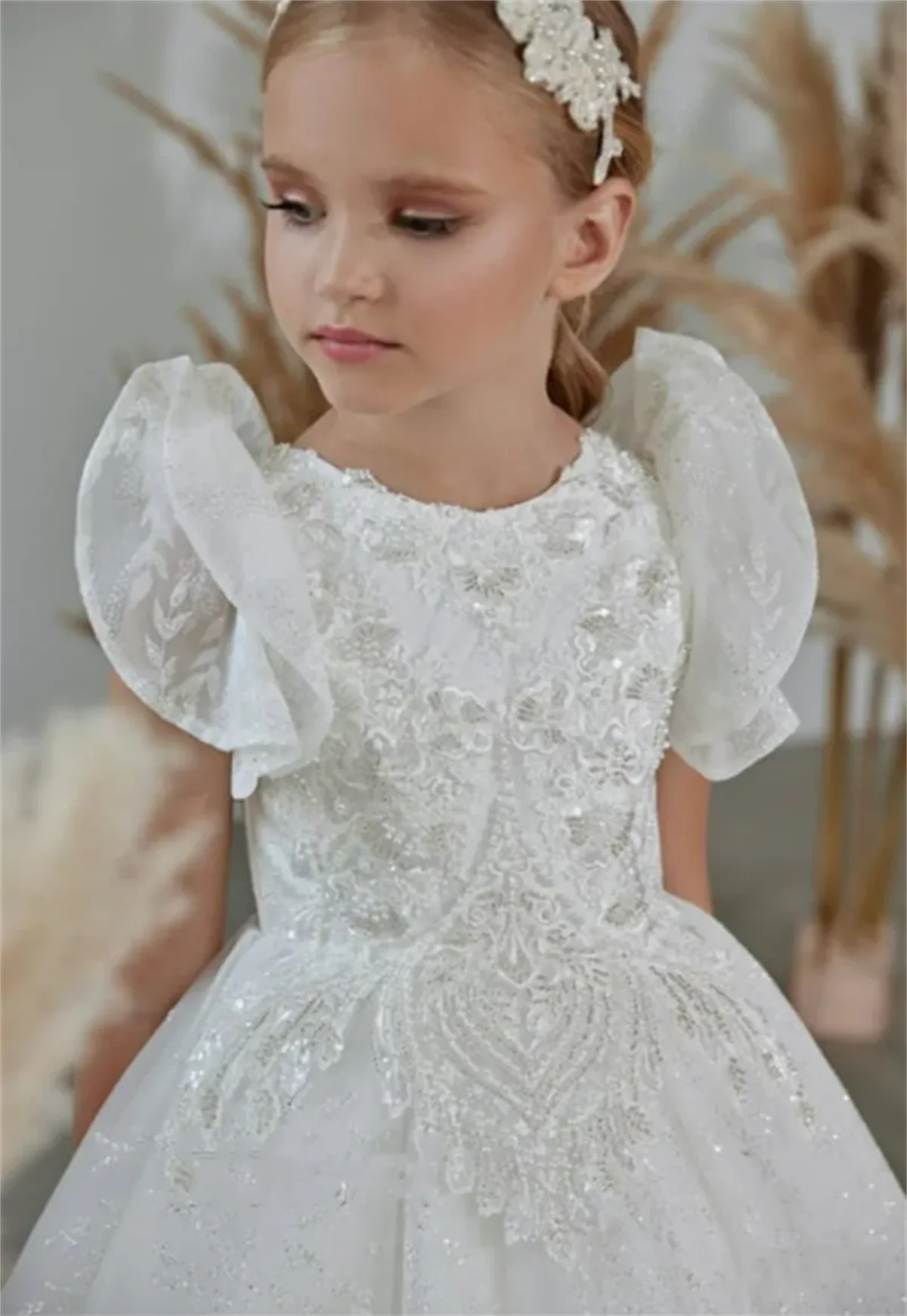 

Flower Girl Dress White Fluffy Stain Lace Sparkle Wafer Wedding Elegant Flower Child's First Eucharistic Prom Party Dress