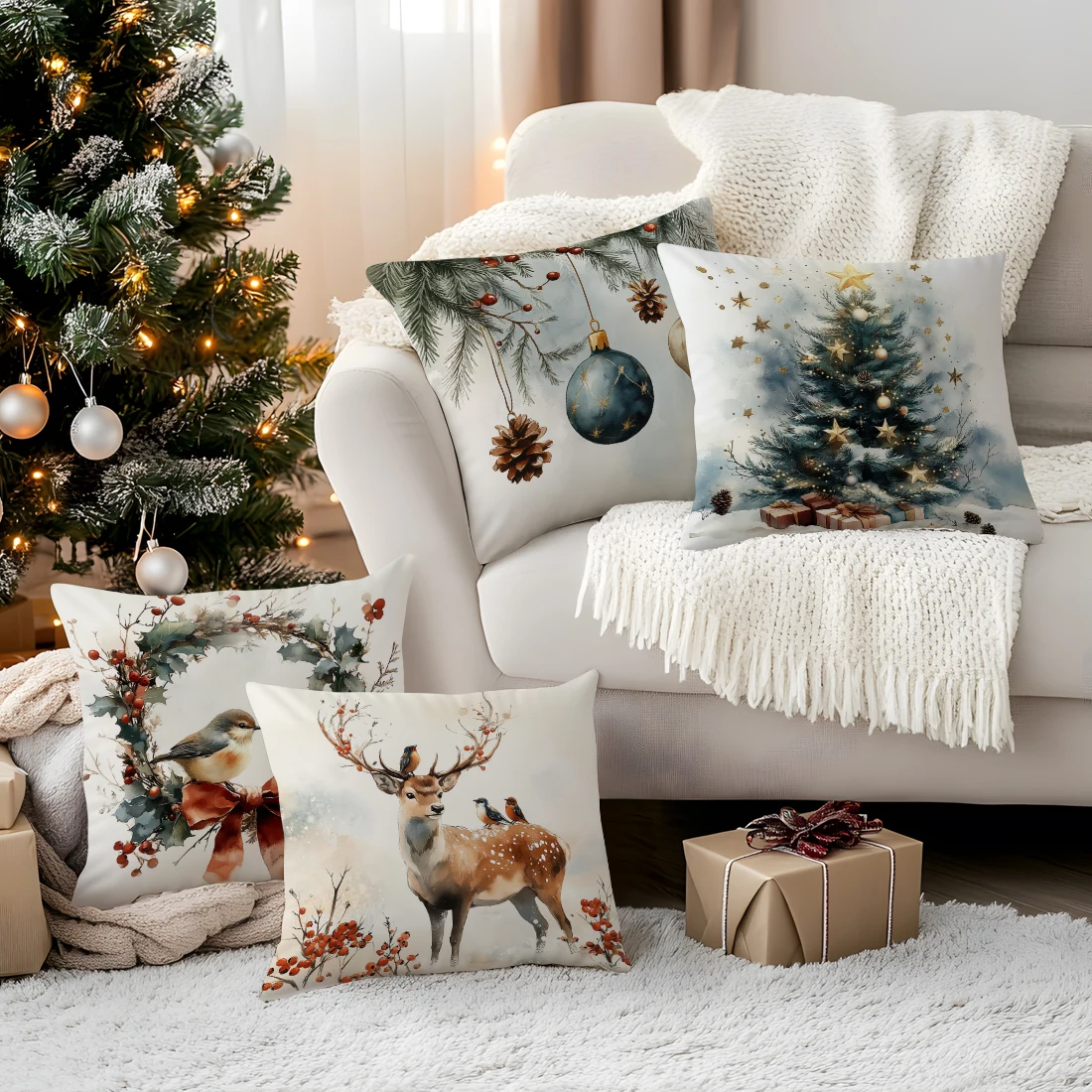 

Christmas Watercolor Decor Pillowcase Printed Polyester 45x45cm Throw Pillowcover Decorative Sofa Cushion Pillowslip Home Decor
