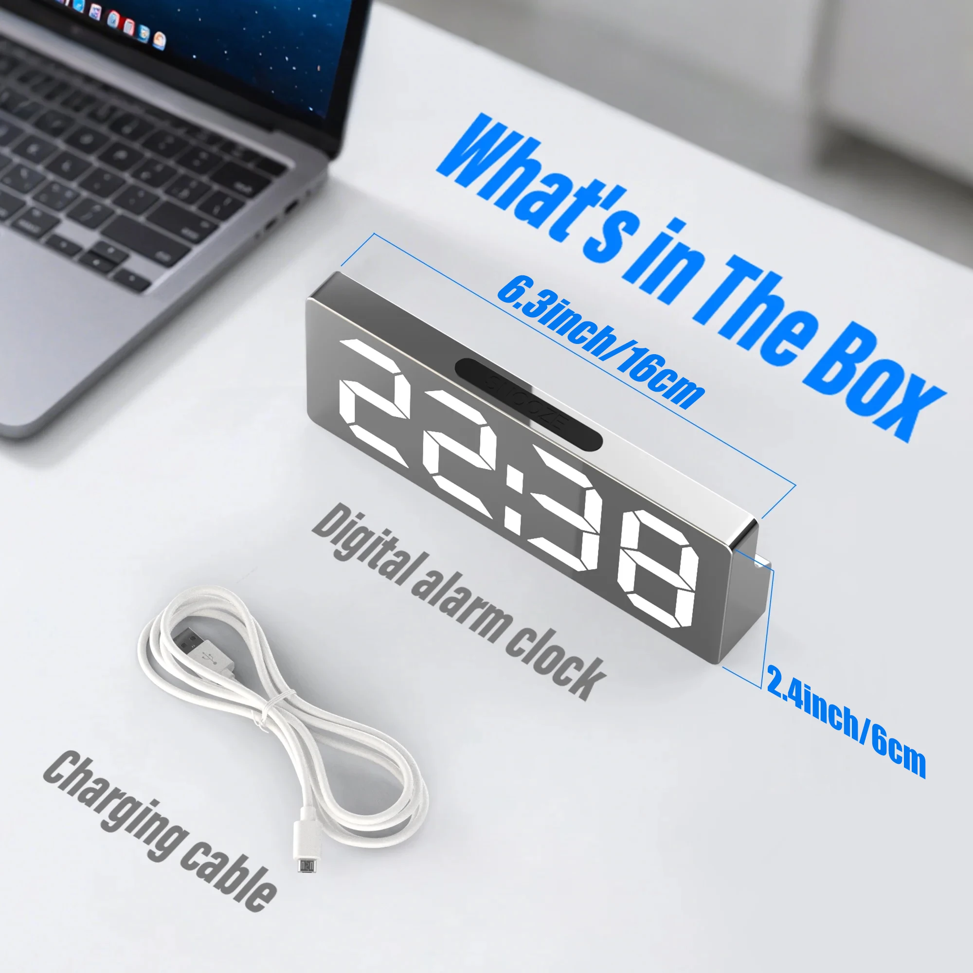 Modern LED Mirror Clock, Large Display Digital Alarm Clock with Year Date Temp, Adjustable Brightness & Snooze, Sleek Desk Clock for Bedroom Home Office Decor