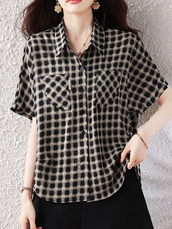 Camisa a cuadros de manga corta para mujer, talla grande, Puning Guangdong, estilo casual de verano, cuello regular, corte ajustado, estilo para ir al trabajo.