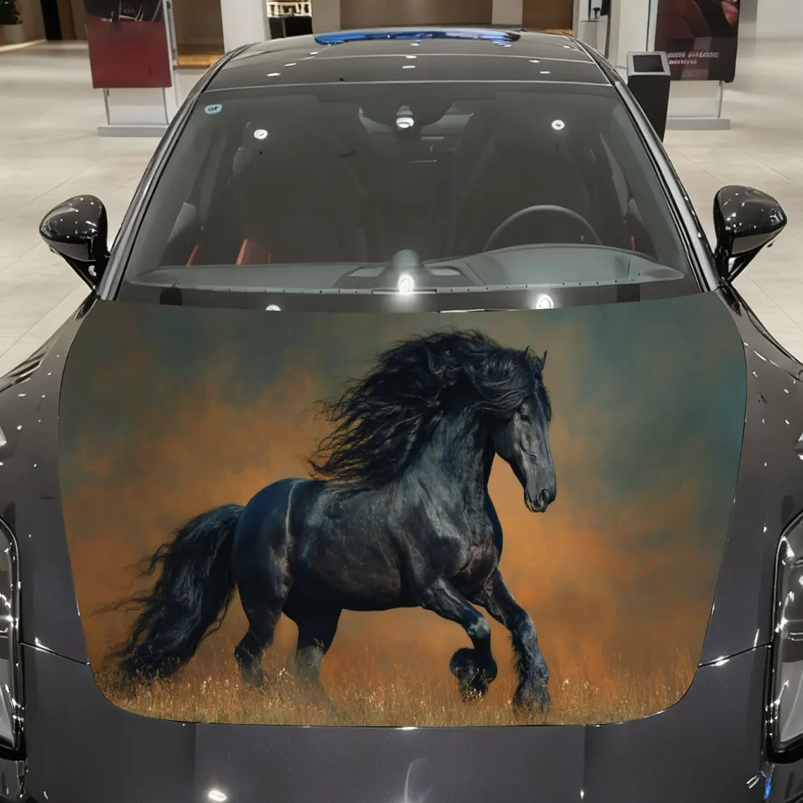 Vibrant Field Black Horse Car Hood Stickers - Self-Adhesive, Waterproof and Durable Vinyl Wrap, Decorate And Protect Your Car -