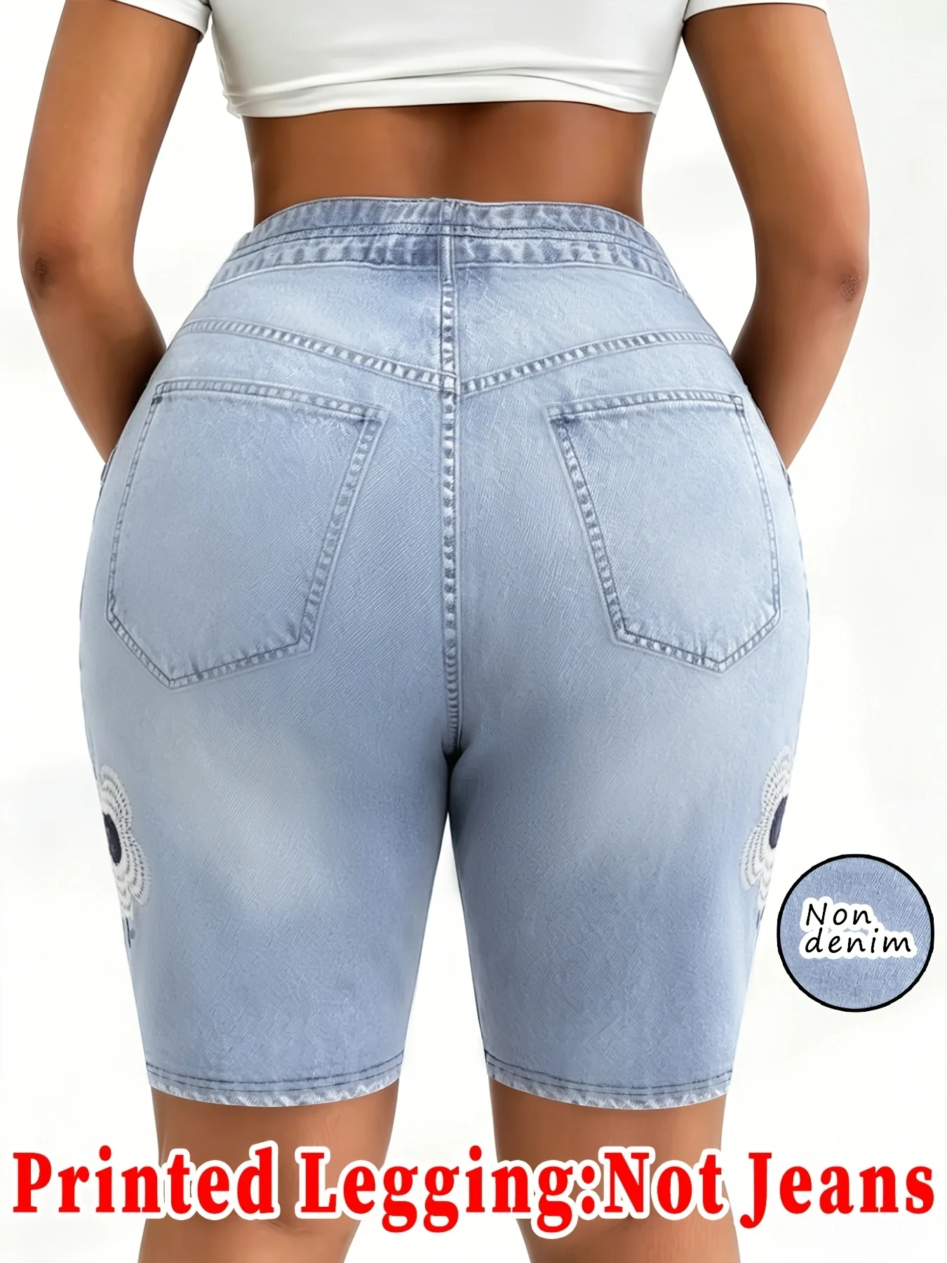 Bedruckte Leggings, nicht aus Denim, Caprihose mit aufgesetzter Tasche und Knopfdruck, hochelastische, neue, modische Skinny-Hose. – Detail 3