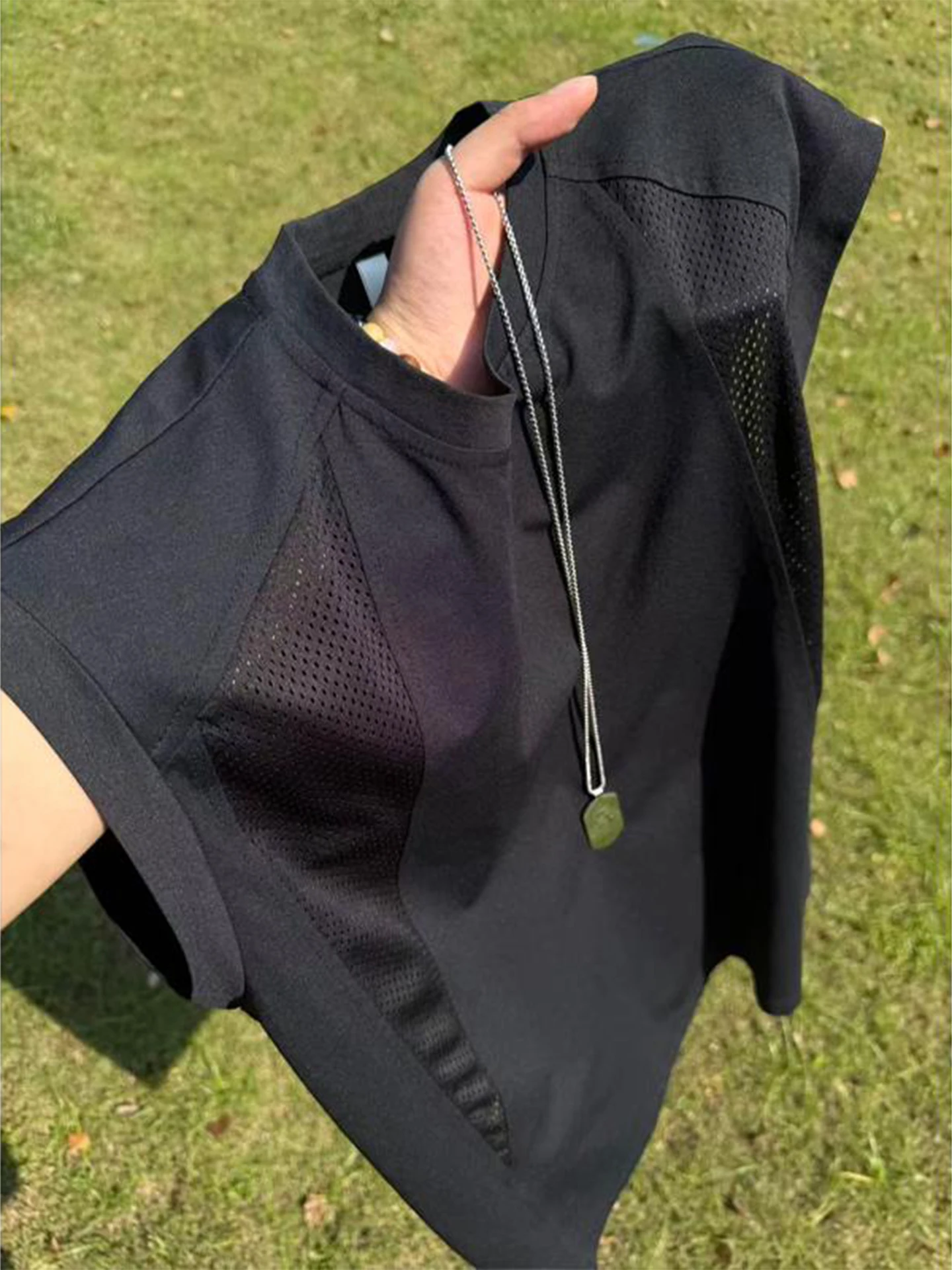 Chaleco Deportivo de Malla Negra para Hombre, Camiseta sin Mangas Delgada de Verano, Estilo Americano, Secado Rápido, con Hombreras, Transpirable
