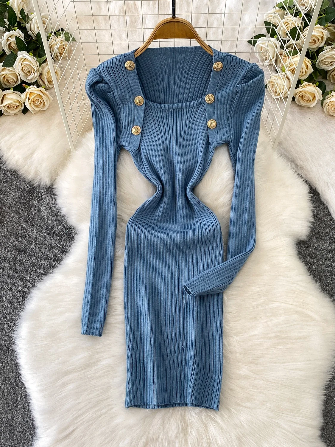 

Корейский Sle простой элегантный металлический синий квадратный воротник женский зимний эластичный утягивающий трикотаж средней длины Dr