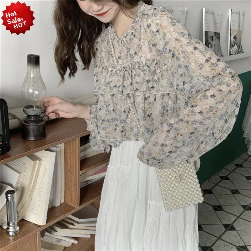 

Floral Print Sweet Salt Series Women's Chiffon Shirt Beautiful Sunscreen Fashionable Spring Summer Top Breathable Long Sleeve