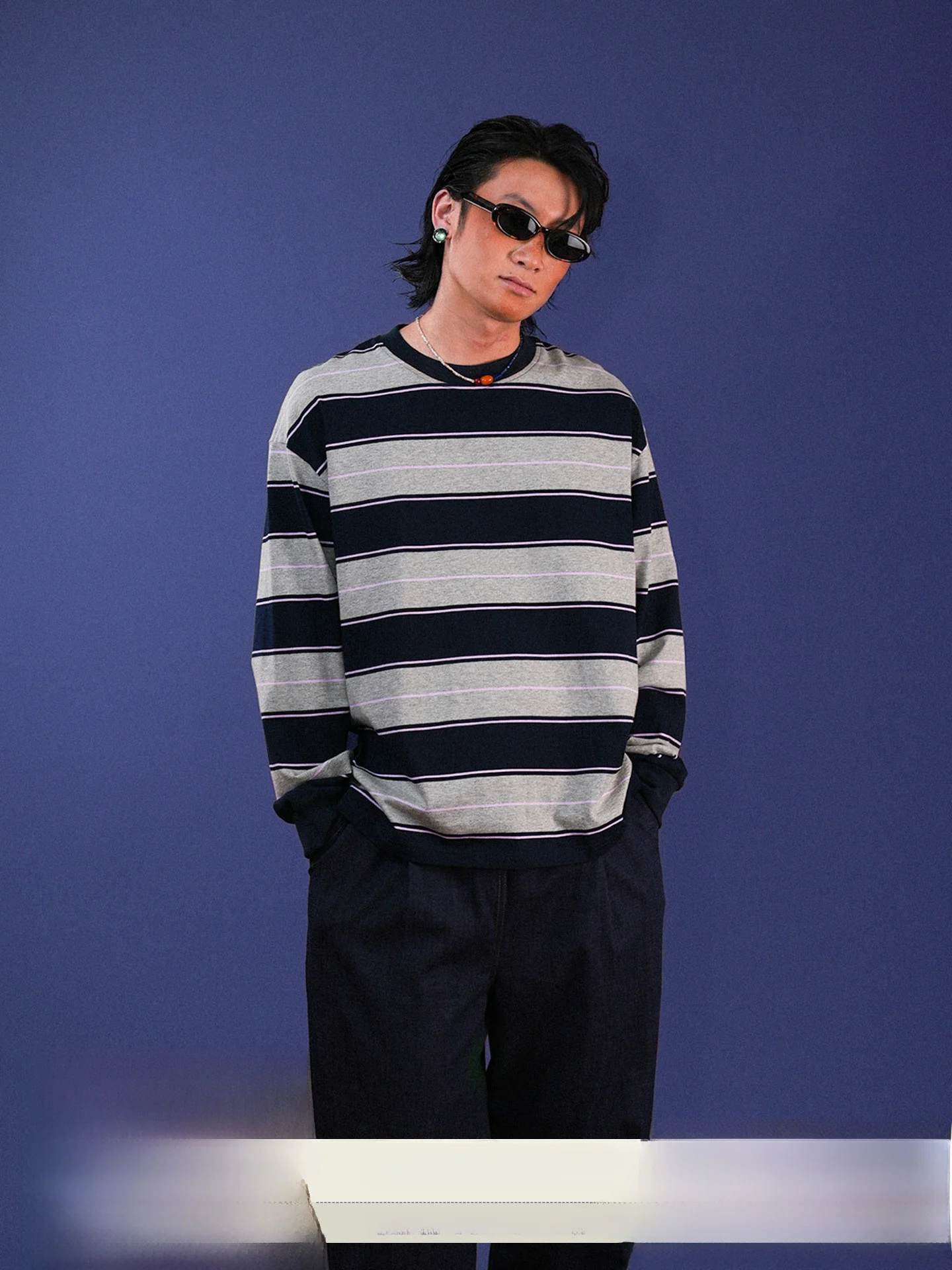 Loose Casual Long Sleeve round Neck Stripe T-Shirt Autumn New Style O3PARK Blue Flower Grey College Style Japanese Retro T-Shirt