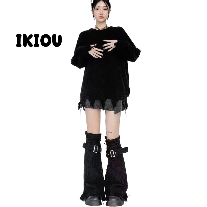 IKIOU Fashionable Y2K Punk Black Denim Leg Warmers with Drawstring and Cross Details for a Trendy, Slimming Ins Style