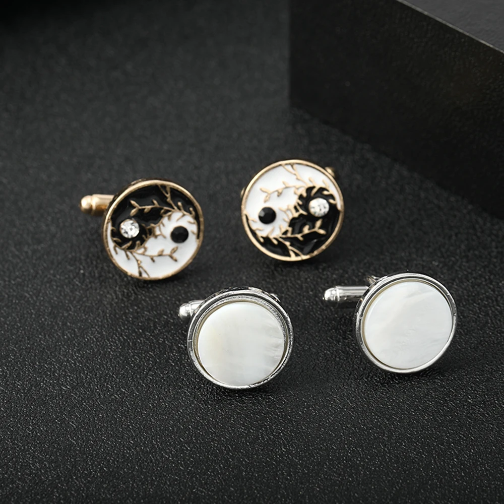 

Забавные мужские запонки Инь Ян Тиацзи, золотые запонки, черно-белый цвет, эмаль со стразами, пуговица-манжета в виде листьев, даосизм, тай Чи
