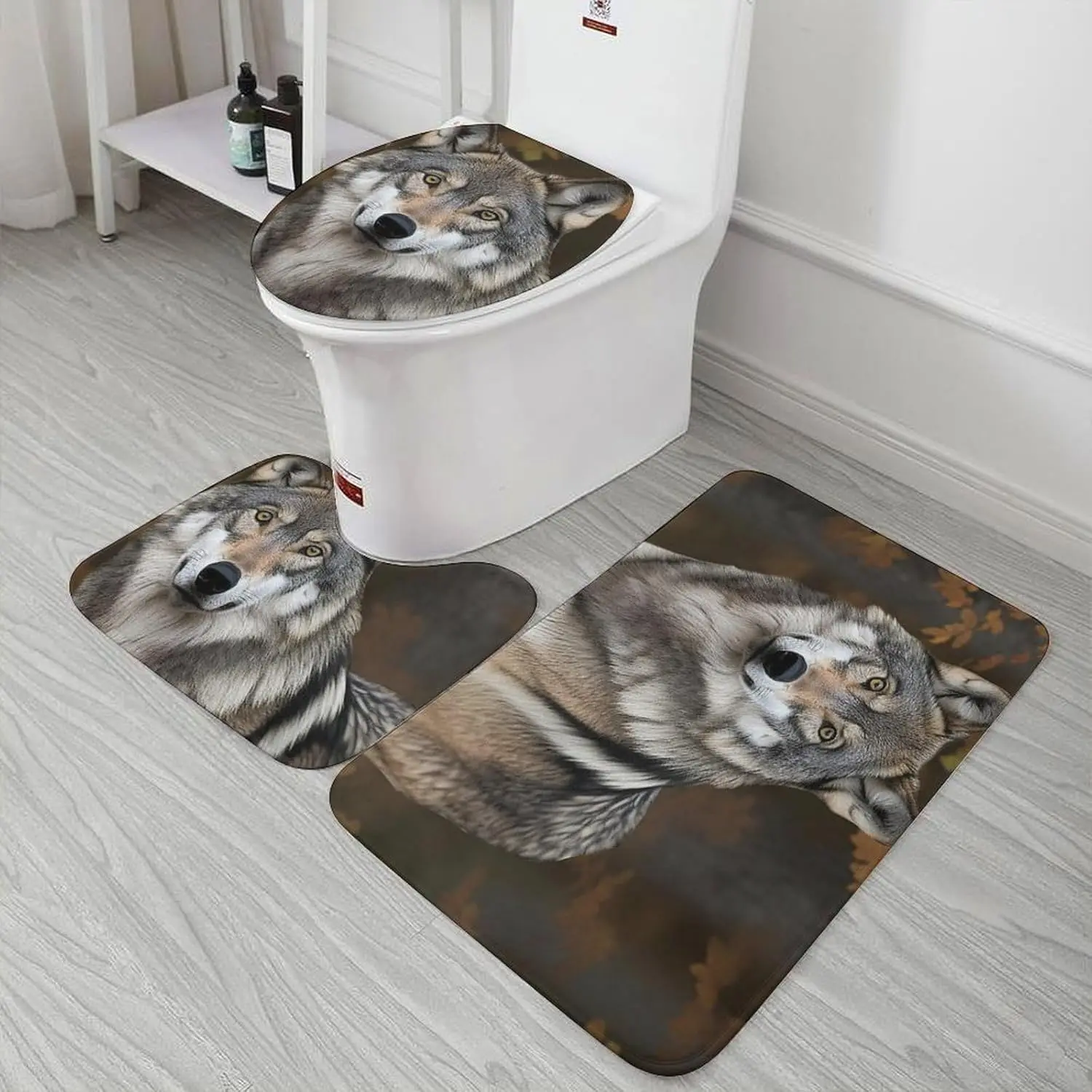 

3 Piece Bath Rug Set Non Slip Absorbent Bath Mat Contour Mat with Toilet Lid Cover Wild Wild Gray Wolf Soft Floor Mats for