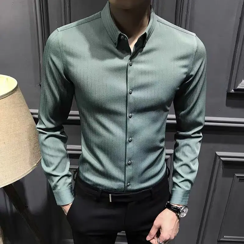 Advanced Men shirt Long Sleeve Black Korean Style Trendy striped slim fit business men's shirt For Business Prom