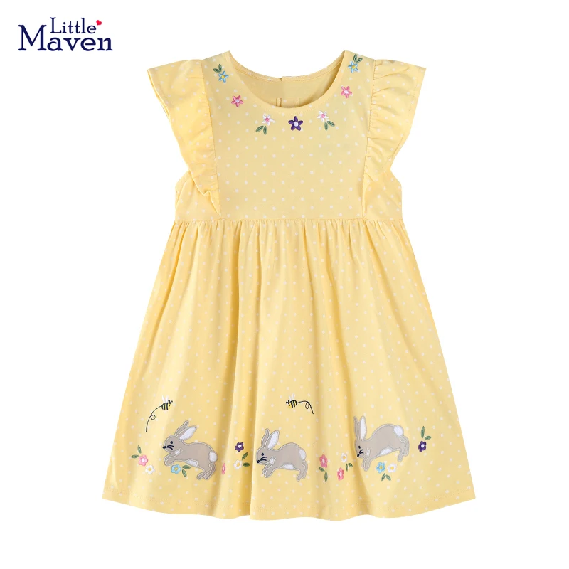 

Детская одежда Little maven, лето 2021, детская одежда для маленьких девочек, хлопковые платья с героями мультфильмов, кроликов и цветов, подарки на день рождения