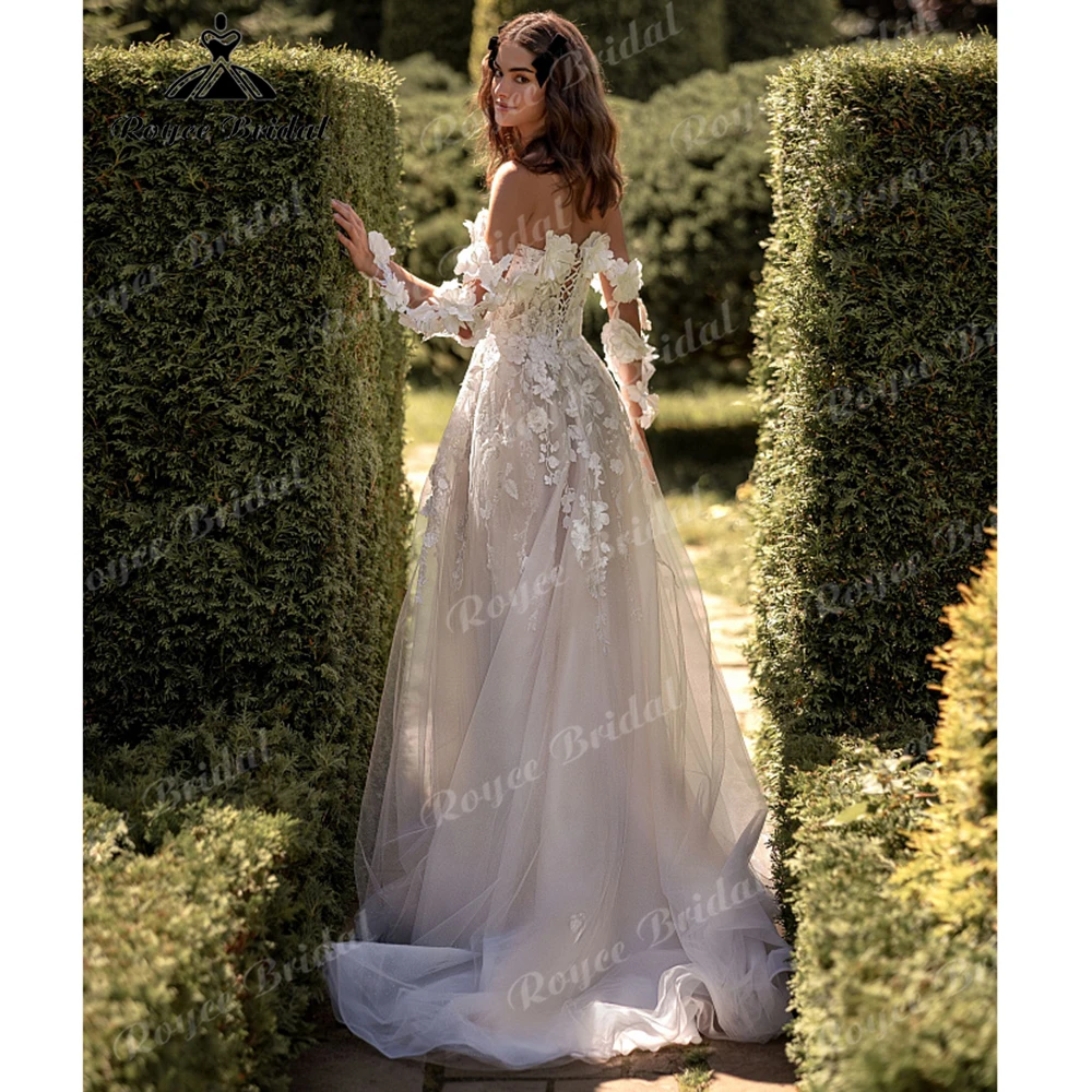 Off Shoulder 3D Floral Appliques Wedding Dress Glitter Tulle A Line Lace Up Back Floor Length Bridal Gown Customized