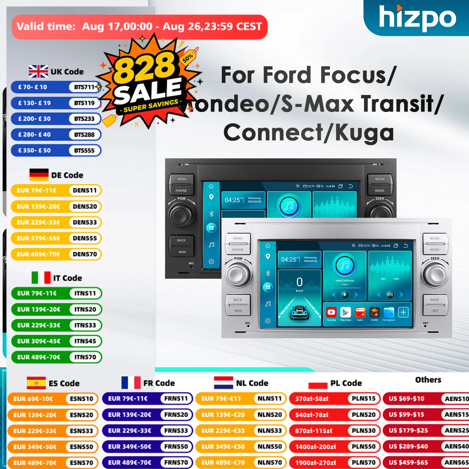 Hizpo 8Core Auto-Multimedia-Player für Ford Mondeo S-max Focus C-MAX Galaxy Fiesta Transit Fusion Connect Kuga Carplay Autoradio