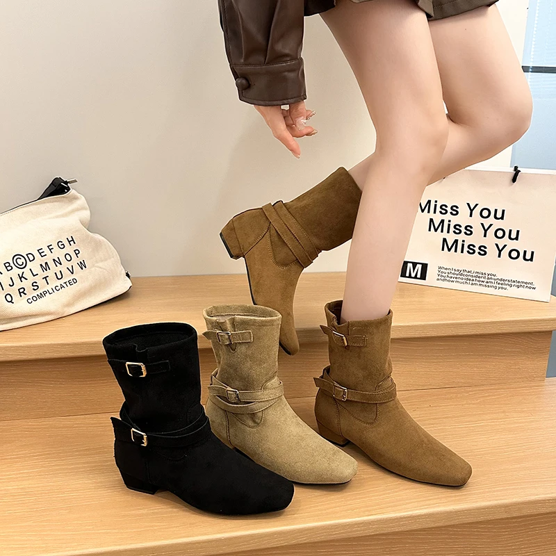 Ankle Women's Boots Heeled Shoes Chunky Chelsea Boots Winter Trend Walking Suede Shoes 2025 New Pumps Casual Snow Botas Mujer