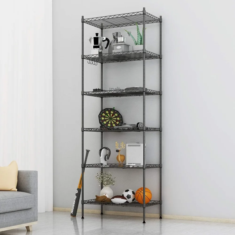 Devo 6-Tier Wire Shelving Unit, Adjustable Metal Shelving for Storage, Heavy Duty Wire Storage Racks with Side Hooks, Pantry She