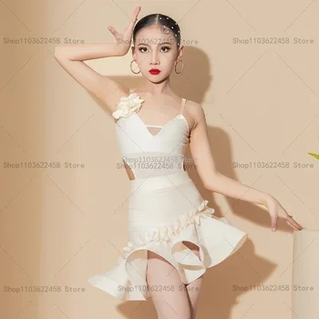 Costume de danse latine rose Cha Cha Rumba pour filles, robe de danse Tango, Costume de spectacle pour enfants, vêtements de pratique latine