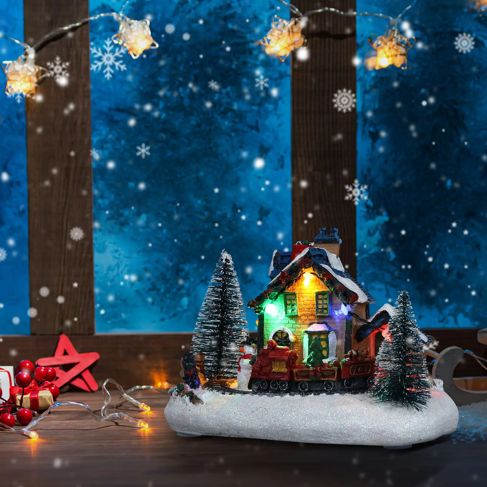 Operate Christmas Ornamnet Resin Snowy Xmas Scene Houses Figurine Snowy Christmas Village Animated Winter House Scenes