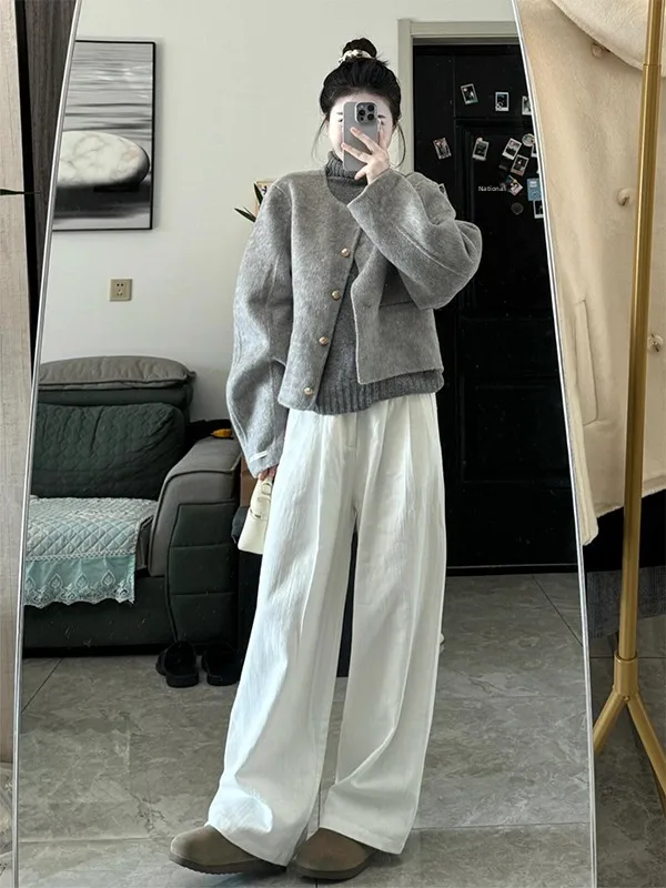 

Премиум-пальто двустороннее из камвольной шерсти для женщин, корейский стиль, осень-зима, приталенное, шерстяное, с высокой талией, длинный рукав