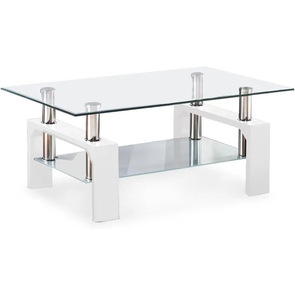 

RecGlass Coee Table-White ern Side Coee Table with Lower Shel Metal Legs-Suit or Living Room