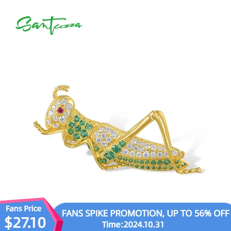 

SANTUZZA Real 925 Sterling Silver Brooch For Women Sparkling White CZ Green Spinel Grasshopper Locust Delicate Chic Fine Jewelry